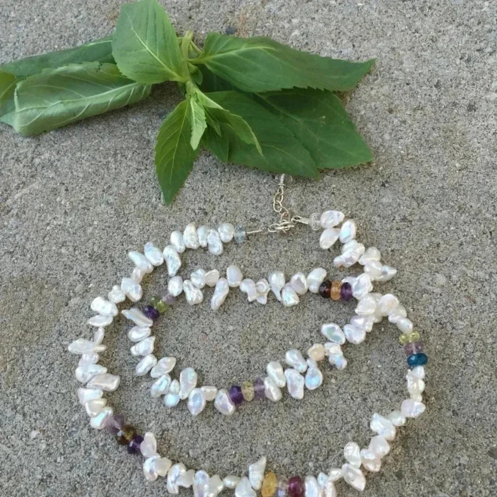 Keshi Necklace, Colorful Gemstones, June Birthdays,Petal Pearls, Unisex becklace